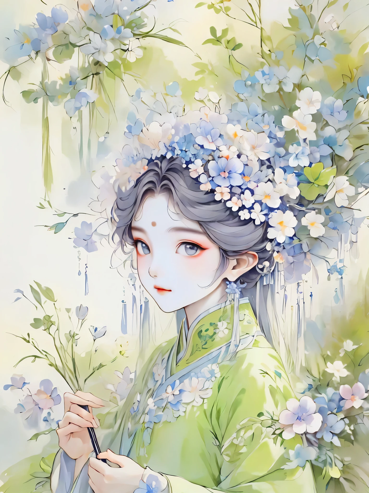 （detailed，high quality）beautiful portrait，a garden scene，Art with coloring book page effect。The background should be completely white，and only the outline of the object should be visible。Artwork should have a line art style，similar to a coloring book。It should have a mandala with natural decoration。The overall artwork should have a clean line art style，Similar to color book pages。Inspired by the brushstrokes of Alphonse Mucha，back to back，Decorate with new artistic styles。Ensures perfect detail and realistic appearance。The subject of the artwork should be gray hair，The hair is just outlined，rather than filled。
