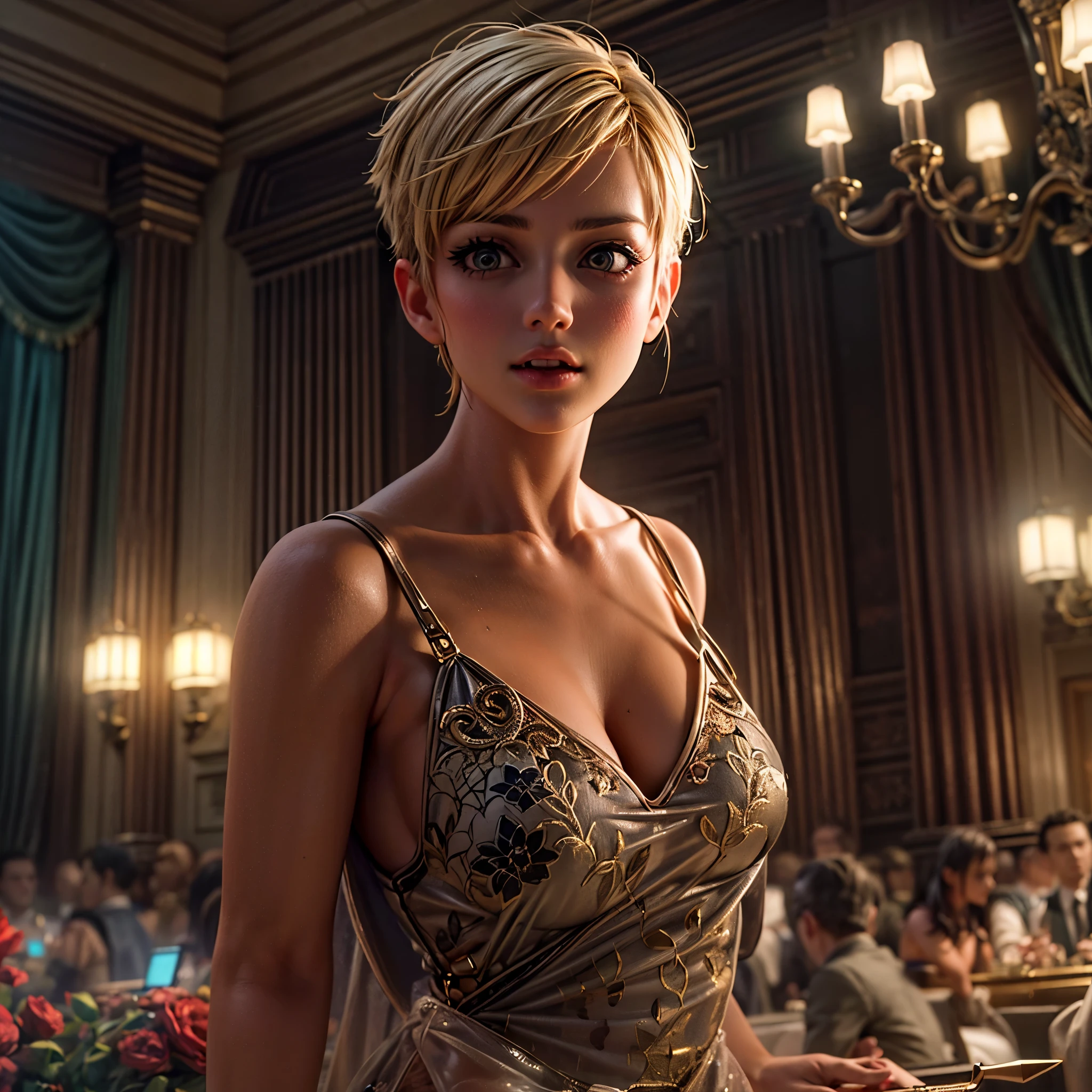 16K, ultra detailed, masterpiece, best quality, (extremely detailed), arafed, action shot, a woman spy, wearing an intricate elegant dress, dynamic color dress, blond hair, pixie cut, sexy dress, holding a (dagger: 1.3) in a elegant, high class cocktail  background, Wide-Angle, Ultra-Wide Angle, 16k, highres, best quality, high details, determined face, god rays, cinematic lighting, glowing light, silhouette, from outside, photorealism, 3D