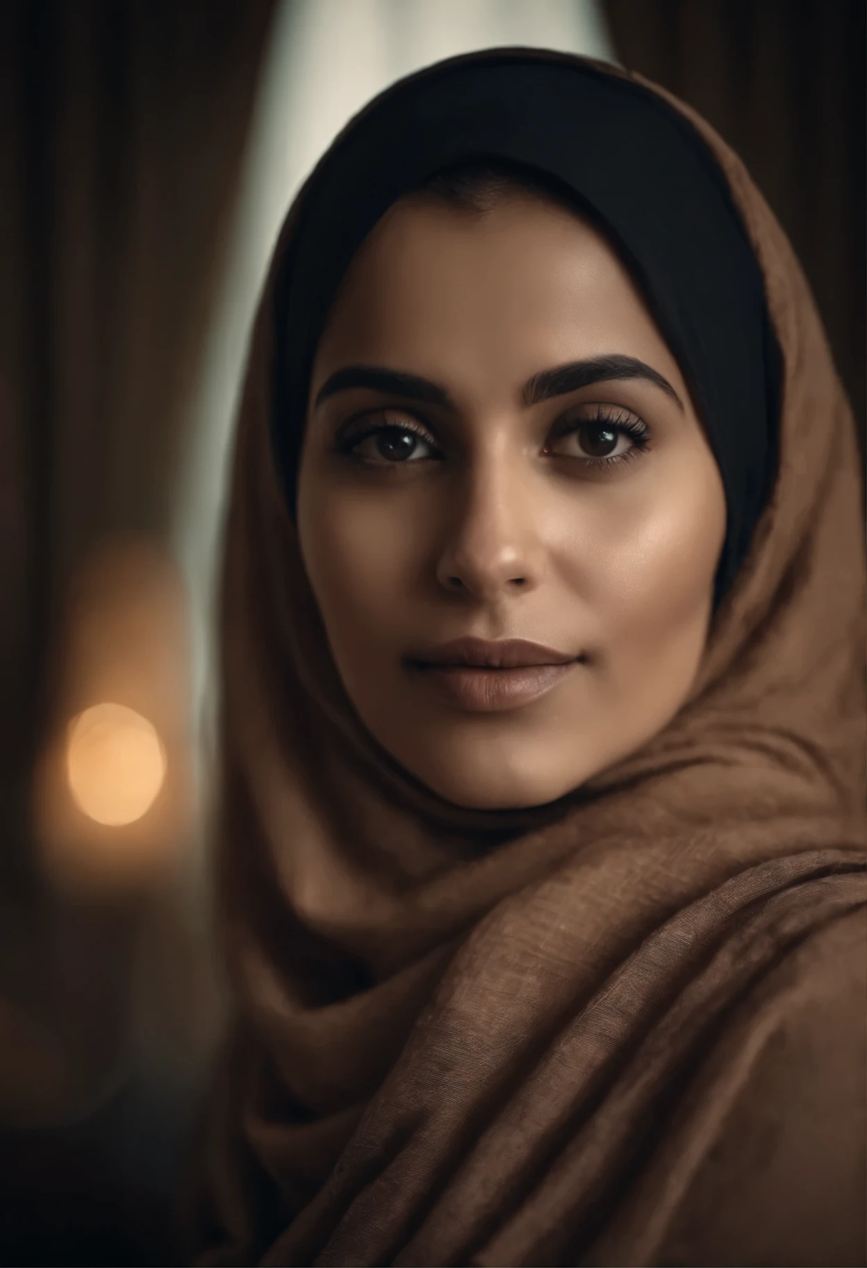 A close up of a woman wearing a brown scarf and a black head scarf - SeaArt  AI