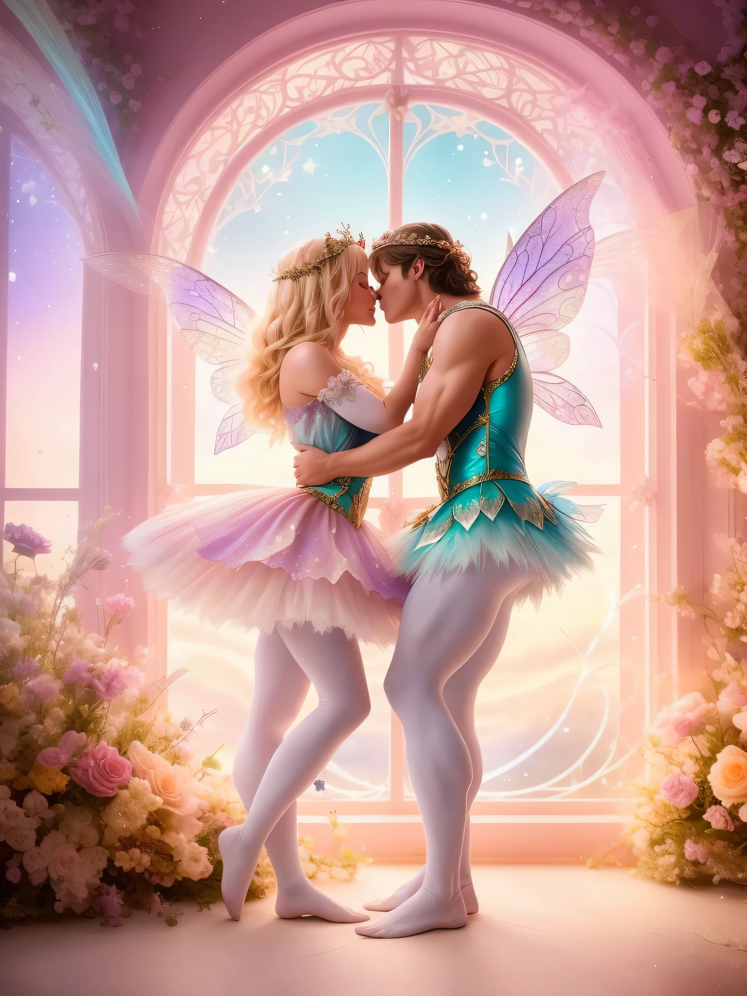 a man and woman dressed in fairy costumes and tights are kissing in front of a window, romance fantasy movie, fantasy fairytale story, romance novel cover, romantic storybook fantasy, margot robbie as a fairy, fairy aesthetics, beautiful fairies, fairy dancing, magical fairy background, very magical and dreamy, fairytale style, fairies, faeries, beautiful fantasy, romance book cover