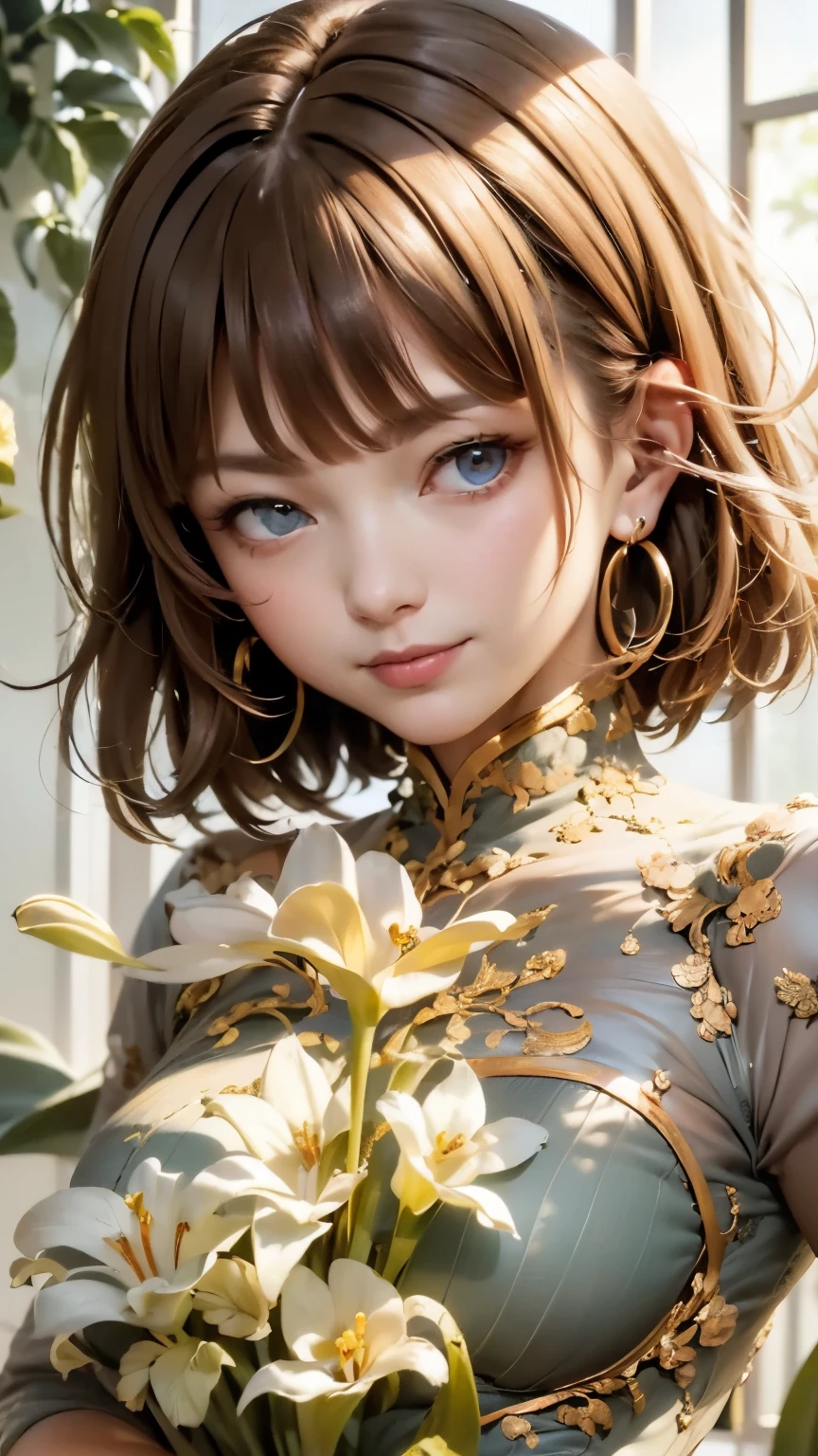 Blue eyes, 1 girl, full length holding a lily, yellow and green striped shirt with thicker stripes, red eyes glowing red, Head tilted, short brown hair, graceful head, with a clear smile on her face, Chara, golden background, stands among white flowers., brown hair, blunt bangs, hair between eyes, parted bangs, long eyelashes, earrings, light smile, Realism, Surrealism, Art Deco, chiaroscuro, backlighting, feet out of frame, masterpiece, anatomically correct, super detail, great details, award-winning, best quality, 1080P, HD