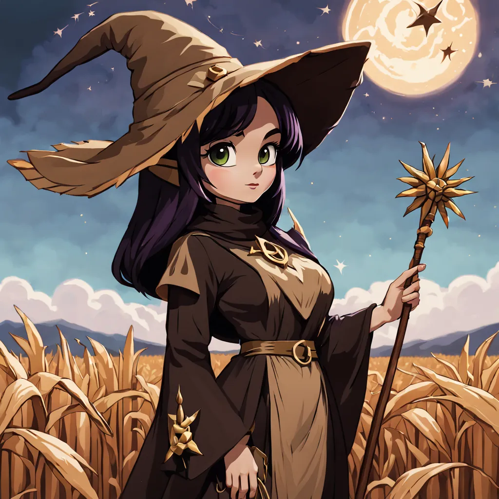 witch in flax colors wearing a unspun witch hat and witch outfit with a wand made of straw in a cornfield under a magical sky