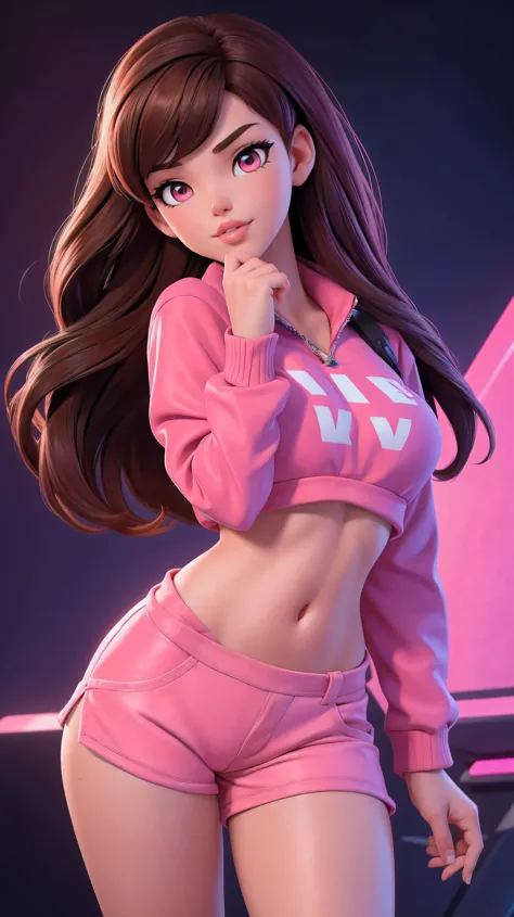 18 year old, brown hair, pink eyes, cute pose, d.va, very short shorts, crop top