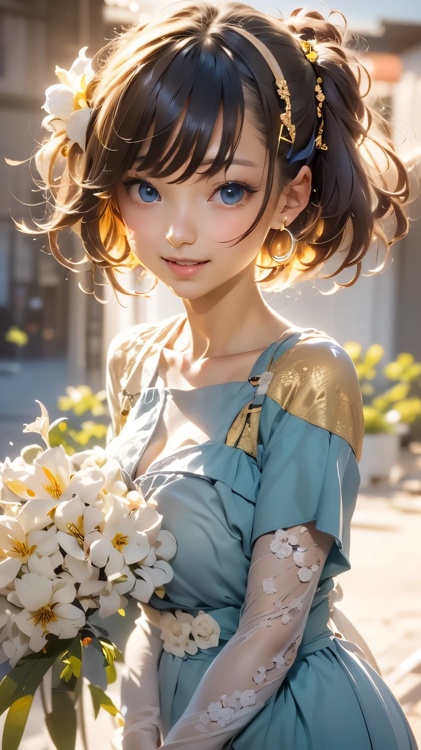 1 girl, Blue eyes. Full-length, holding a lily in her hand, short blue bell dress with yellow stripes, straps, and open shoulders. Blue eyes glow with happiness. Head tilted, short brown hair, graceful head, with a clear smile on her face, Chic interior - sunshine. Chara, a golden studio background, stands among white flowers. Brown hair, blunt bangs, hair between the eyes, parted bangs, long eyelashes, earrings, slight smile, Realism, Surrealism, Art Deco, chiaroscuro, backlighting, masterpiece, anatomically correct, super detail, excellent detail, award-winning, best quality, 1080P, HD