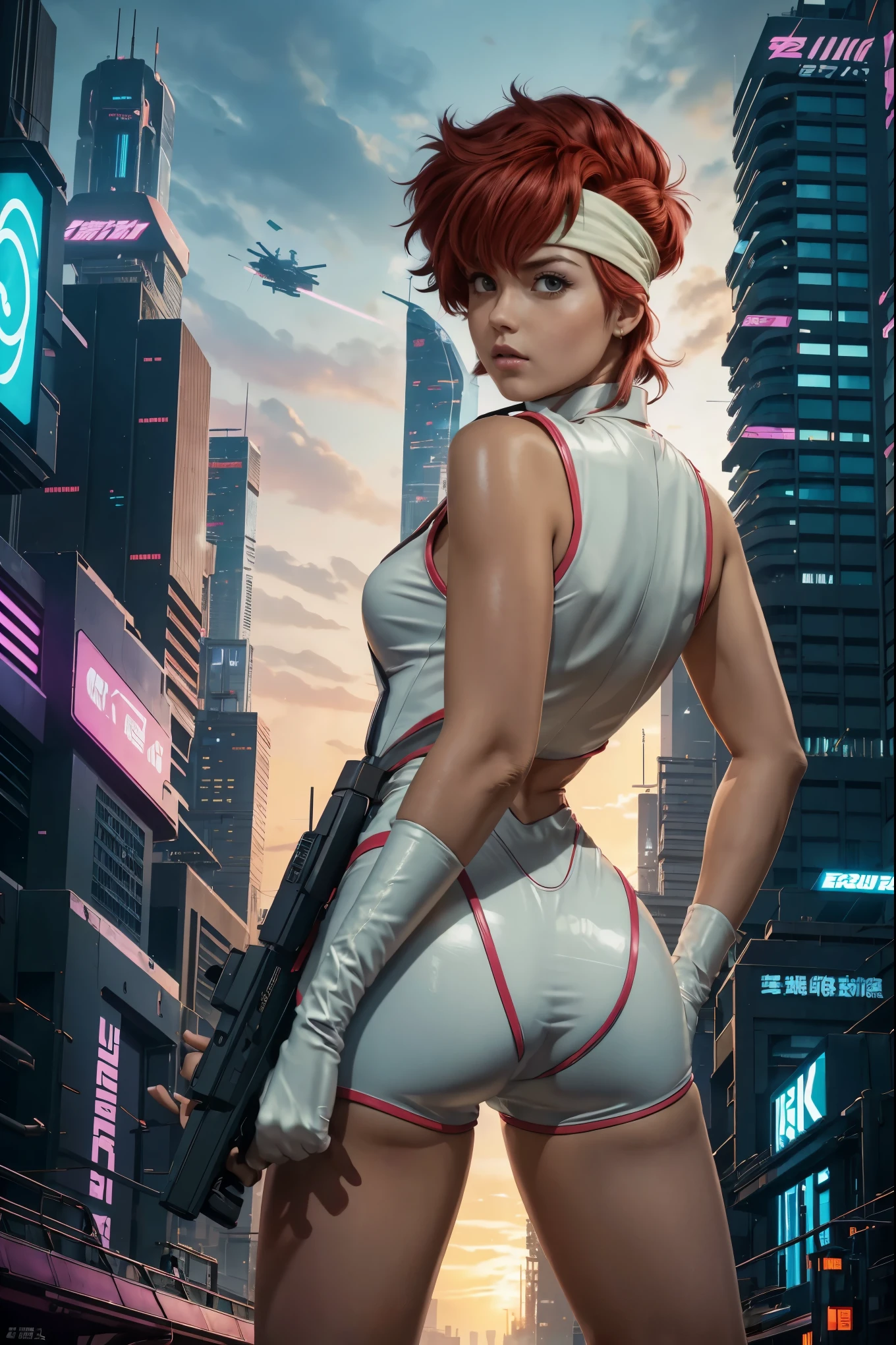 best quality,ultra-detailed,portrait of Kei from The Dirty Pair,realistic,animesque, vibrant colors,bold and dynamic pose,powerful expression,beautiful detailed eyes,intense,sharp focus,medium:anime style,short red hair,wearing her signature white jumpsuit and pink gloves,holding a laser gun in her hand,standing in front of a futuristic cityscape as the sun sets,featuring neon lights and towering skyscrapers,creating a cyberpunk atmosphere,with a touch of mystery and adventure, green headband, rear view, show butt