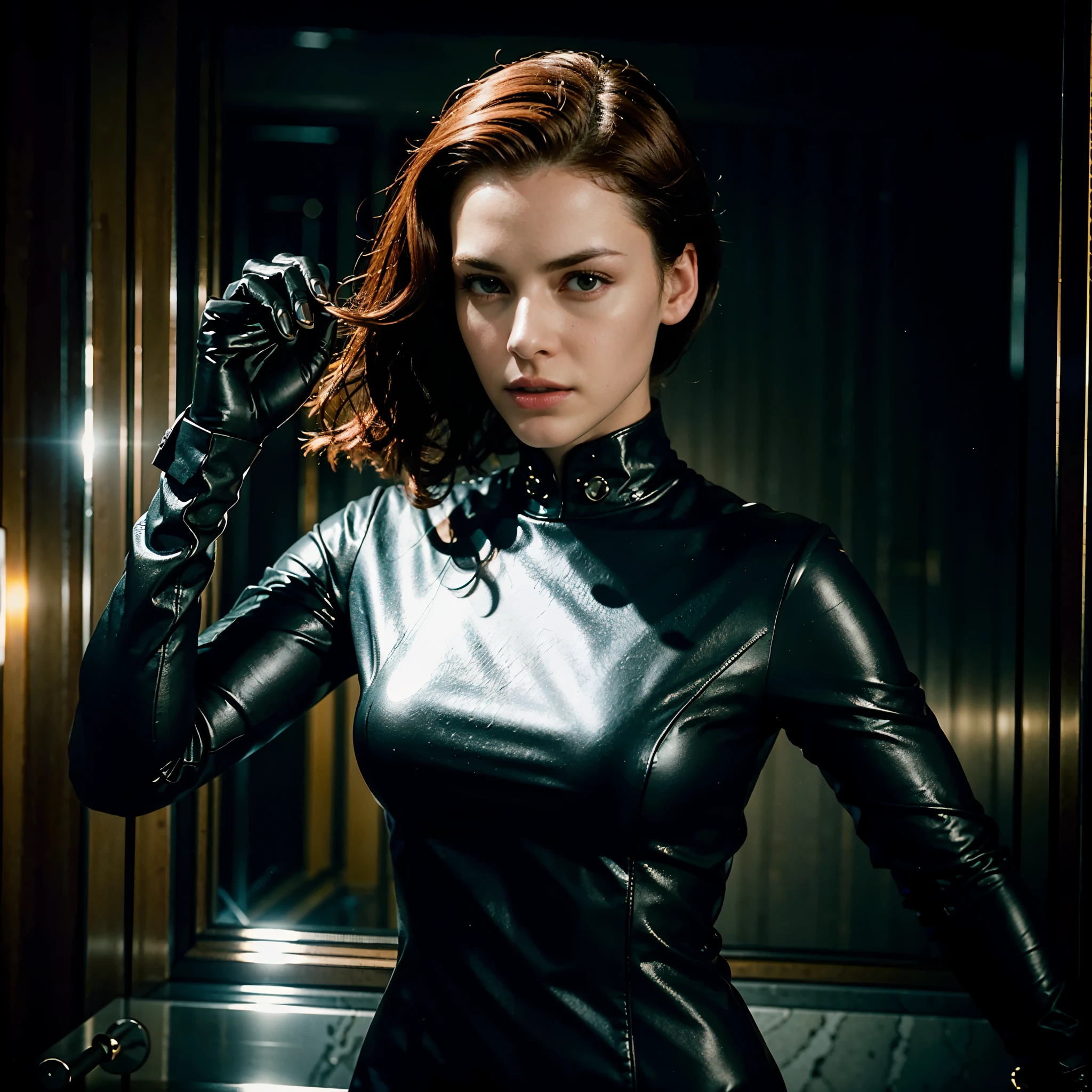 (best quality,highres),((cinematic shot):1.2),((full body):1.2),((beautiful detailed):1.1) female secret agent with red hair,(spy movie atmosphere),(intense look, piercing gaze),(professional outfit, sleek and black),((black hand gloves):1.1),(mysterious aura),(dynamic pose),(action-packed scene),(suspenseful lighting),(dramatic shadows),(sharp focus),(ultra-detailed),(vivid colors),(bokeh)