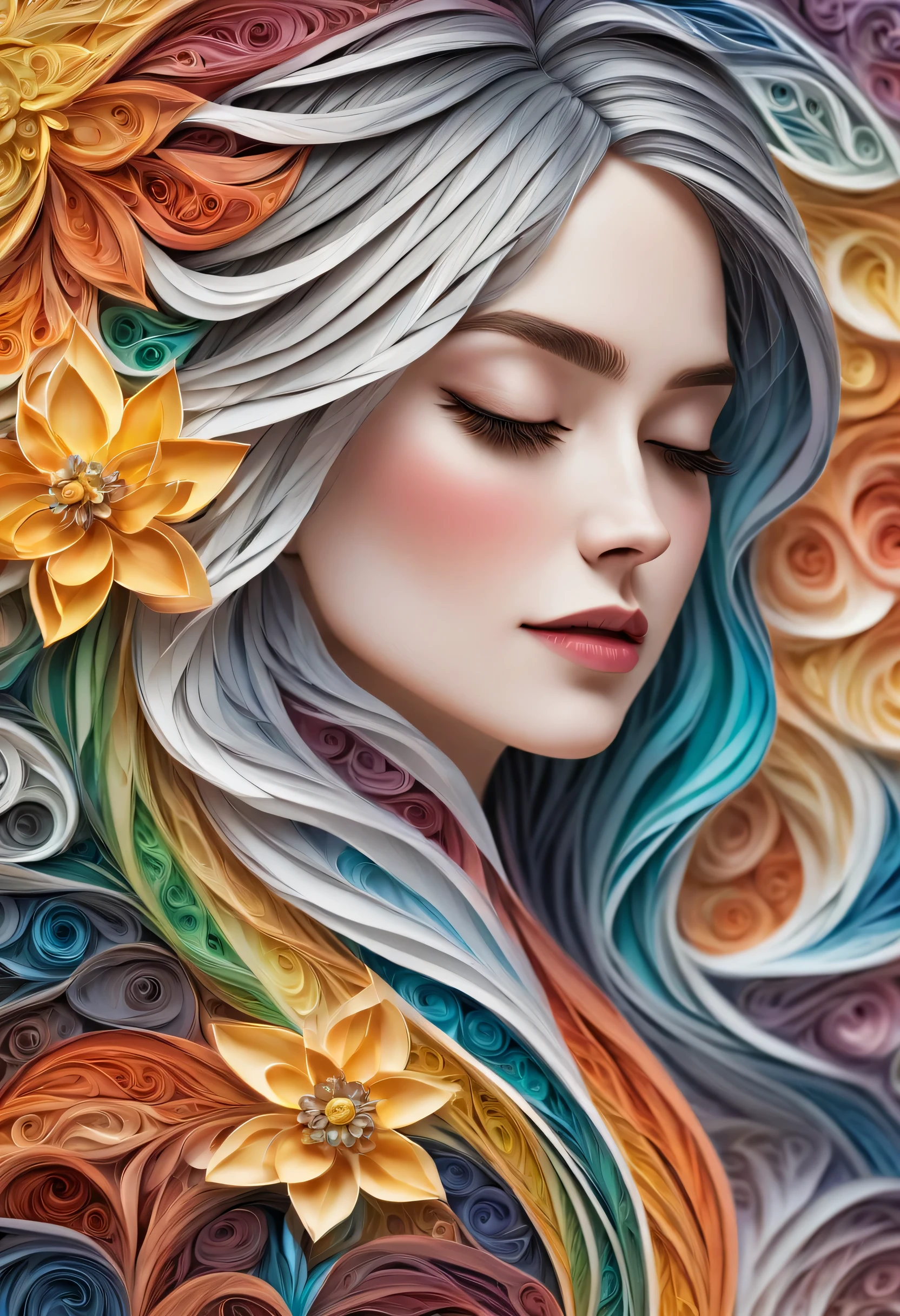 (Side face beauty,long colored hair,close eyes,masterpiece narcissus),Rainbow color background, (illustration:1.2,paper art:1.2, tangled:1.2, 3D rendering),(best quality, detailed details, masterpiece, official art, movie lighting effects, 4k, chiaroscuro)