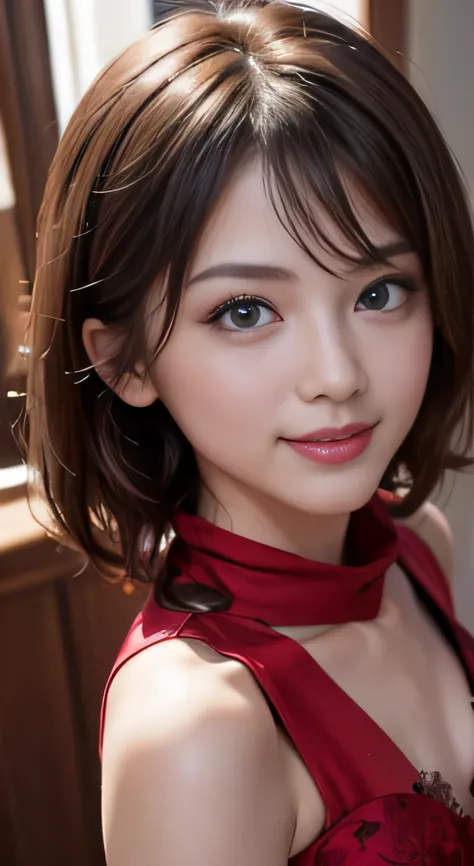 ((highest quality, 8k, masterpiece)), Super detailed, sharp focus, 1 cute girl, (((small breasts:1.2))), (thin abs:1.2), ((red dress:1.4)), ((red muffler), Highly detailed face and skin texture, ((fine eyes)), ((beautiful eyes:1.2)), (smile:1.15)、facing th...