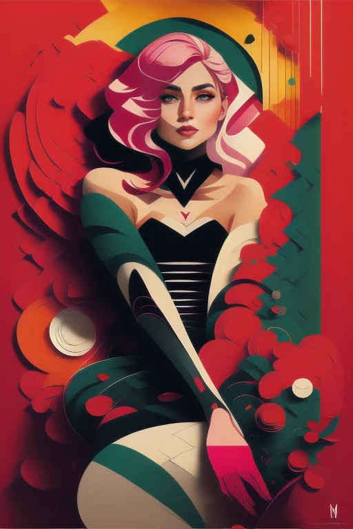 (obra-prima, 4k, ultra detalhado, foto delicada: 1.2), illustration, 1girl, minimalism, colors should be vibrant and vivid, with a harmonious color palette. UPPER BODY, pink hair, crossed arms, fashion cloths, model (fundo simples, fundo preto1.4), (cor azul e vernelho) (Art Deco:1.4), (Detalhado:1.4), (minimalismo:1.4), (limpo:1.4), (vetorial:1.4), CCDDA Artstyle, secret agent poster
