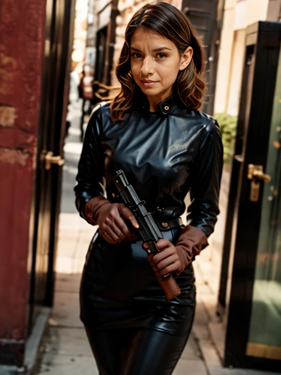 Una chica con un traje negro sosteniendo una pistola con ambas manos con guantes de cuero negro,  foto cruda, grano de la película, 35mm