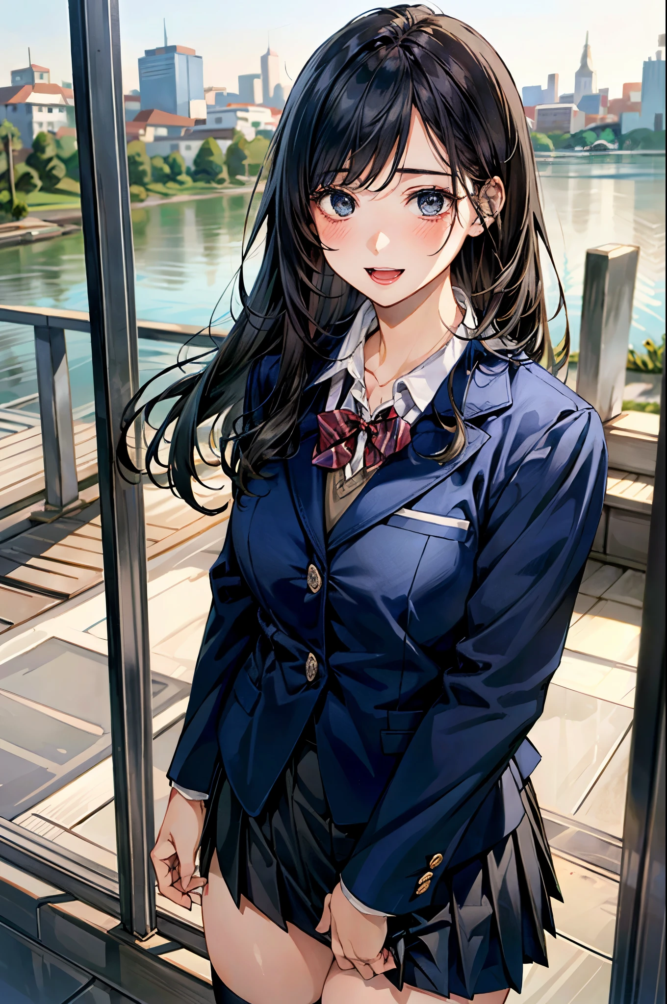 (masterpiece:1.2, top-quality), (realistic, photorealistic:1.4), beautiful illustration, (natural side lighting, movie lighting), , 
looking away, (face focus, upper body, front view:0.6), 1 girl, high school girl, japanese, perfect face, perfect anatomy, cute and symmetrical face, round face, shiny skin, 
(long hair:1.6, long_hime_cut_hairstyle:1.5, black hair), swept bangs, blue eyes, big eyes, long eye lasher, (large breasts, thick thighs, big ass), nipple hardening, 
beautiful hair, beautiful face, beautiful detailed eyes, beautiful clavicle, beautiful body, beautiful chest, beautiful thigh, beautiful legs, beautiful fingers, 
(((navy clothes), school blazer, closed blazer, white collared shirts, navy pleated mini skirt), dark red bow tie, gray thigh-highs), 
(beautiful scenery), depth of field, morning, (riverside, cityscape in the distance), standing, hands on own chest, (lovely smile, open mouth), 