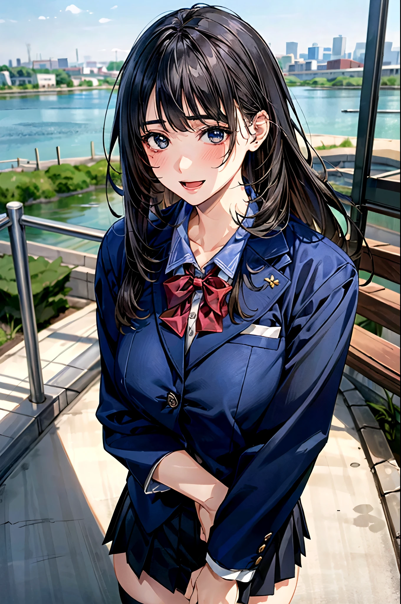 (masterpiece:1.2, top-quality), (realistic, photorealistic:1.4), beautiful illustration, (natural side lighting, movie lighting), , 
looking away, (face focus, upper body, front view:0.6), 1 girl, high school girl, japanese, perfect face, perfect anatomy, cute and symmetrical face, round face, shiny skin, 
(long hair:1.6, long_hime_cut_hairstyle:1.5, black hair), swept bangs, blue eyes, big eyes, long eye lasher, (large breasts, thick thighs, big ass), nipple hardening, 
beautiful hair, beautiful face, beautiful detailed eyes, beautiful clavicle, beautiful body, beautiful chest, beautiful thigh, beautiful legs, beautiful fingers, 
(((navy clothes), school blazer, closed blazer, white collared shirts, navy pleated mini skirt), dark red bow tie, gray thigh-highs), 
(beautiful scenery), depth of field, morning, (riverside, cityscape in the distance), standing, hands on own chest, (lovely smile, open mouth), 