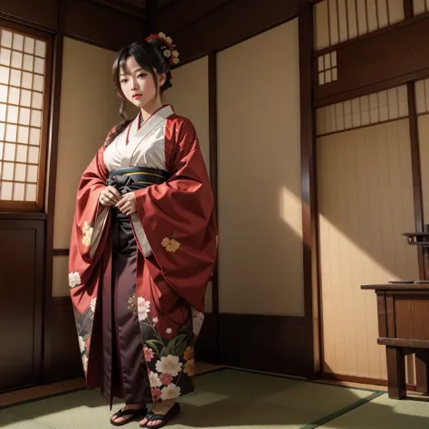 (8k, best quality, masterpiece, ultra high definition: 1.2),kimono,japanese room,hakama,fullbody