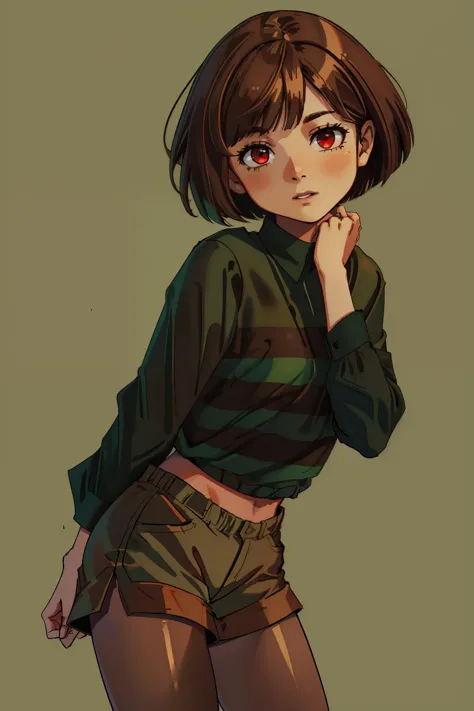 ((best quality)), ((masterpiece)), (detailed), Undertale Chara, brown hair, (brown shorts: 1.3), bob cut, short hair, black pant...