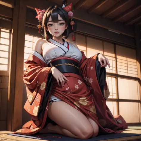 (8k, best quality, masterpiece, ultra high definition: 1.2),kimono,japanese room,hakama,fullbody