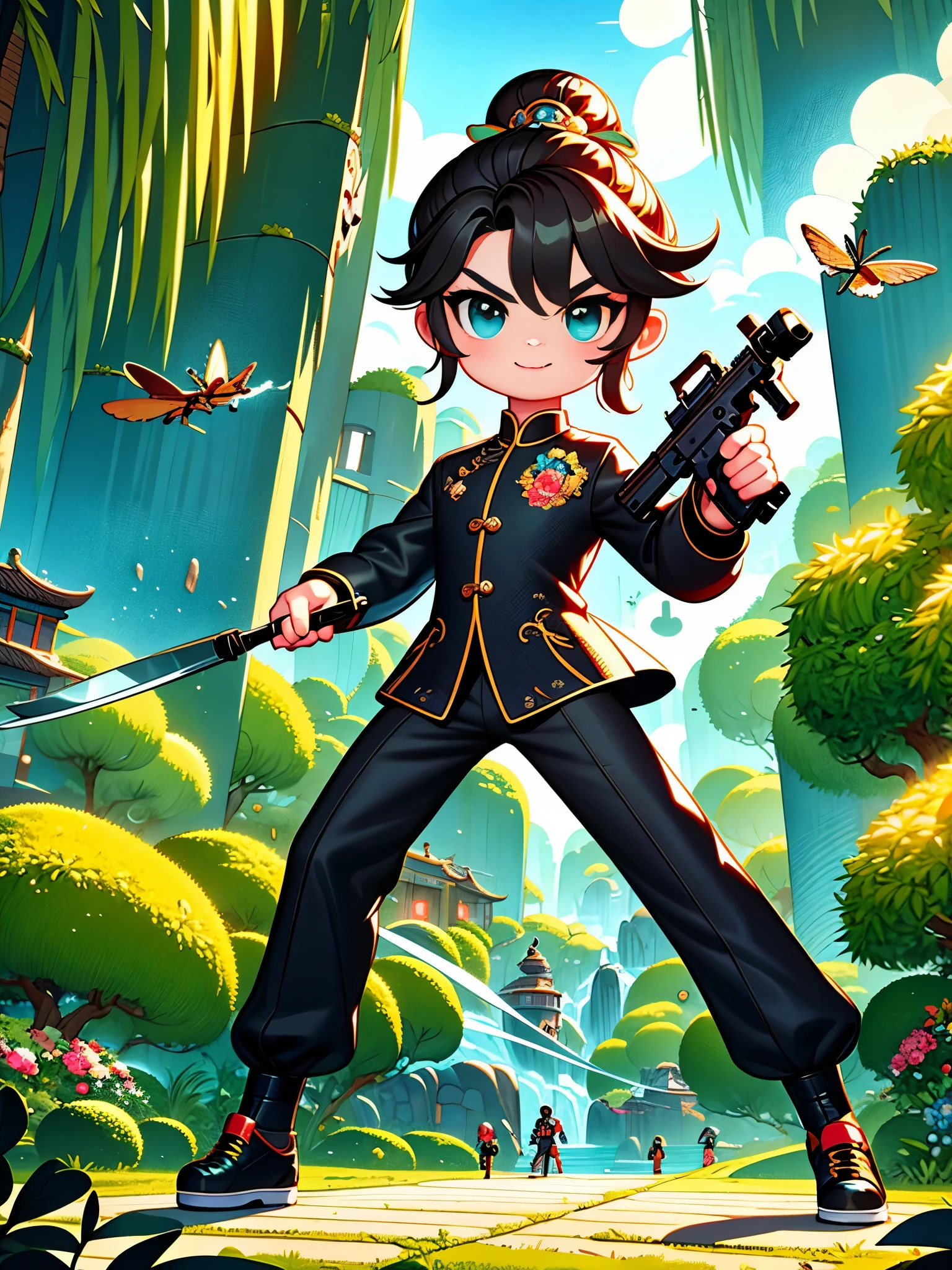 cute cartoon，Vector illustration，（A man in a stylish black suit:1.5），A futuristic agent equipped with exquisite weapons and equipment，The agent stood firm.，Be prepared，Showcasing a variety of high-tech equipment that is seamlessly integrated into the garments。The background should suggest a future urban landscape，Advanced technology and architecture visible。Agent&#39;s equipment includes innovative and advanced gadgets and weapons，Highlighting the advanced nature of the world they live in。The overall image should convey a sense of mystery、A sense of sophistication and cutting-edge technology，（ultra high definitiotomically correct，masterpiece，precise，best quality，8k), Vector martial arts illustration