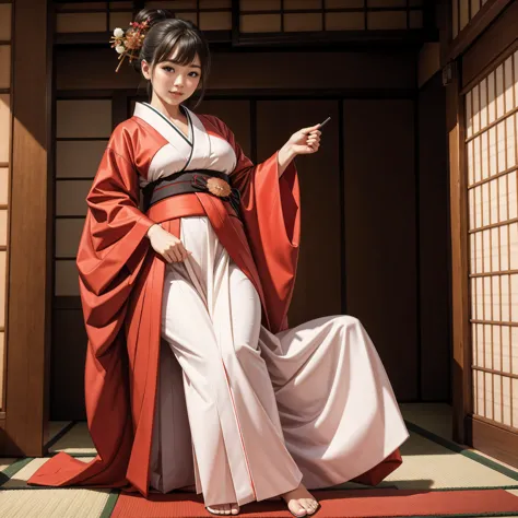 (8k, best quality, masterpiece, ultra high definition: 1.2),kimono,japanese room,hakama,fullbody