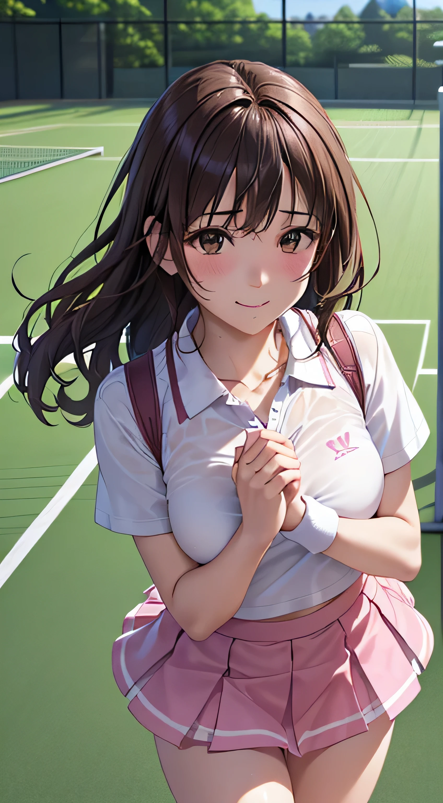 ((table top, highest quality, High resolution, nffsw, perfect pixel,  4k, nffsw, nffsw))), 1 girl, single, alone, Beautiful woman、I could see the whole body、 ((short wavy hair, bangs, brown hair)), ((brown eyes, beautiful eyelashes, realistic eyes)), ((detailed face, blush:1.2)), ((smooth texture:0.75, realistic texture:0.65, realistic:1.1, Anime CG style)), medium breasts, dynamic angle, perfect body,  ((white tennis wear、White short-sleeved shirt with collar、pink ruffle skirt、white tennis shoes、The wind flips my skirt))、Tennis court、、Very embarrassing panic smile、、、sheer bra、my chest is wet、cover your chest with both hands