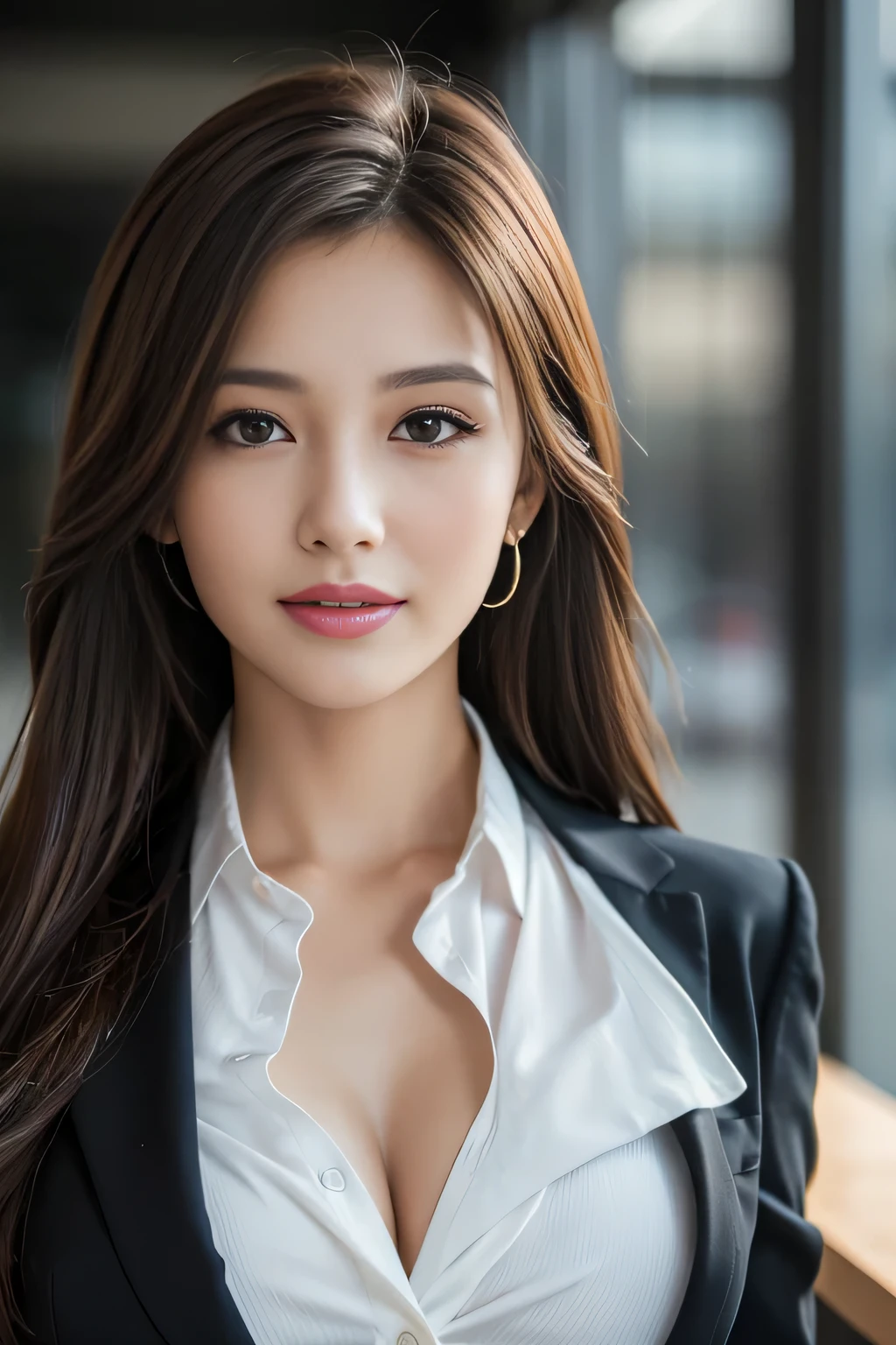 table top, highest quality, realistic, Super detailed, finely, High resolution, 8k wallpaper, 1 beautiful woman,, light brown messy hair, wearing a business suit, sharp focus, perfect dynamic composition, beautiful and detailed eyes, thin hair, Detailed realistic skin texture, smile, close-up portrait, model body shape
