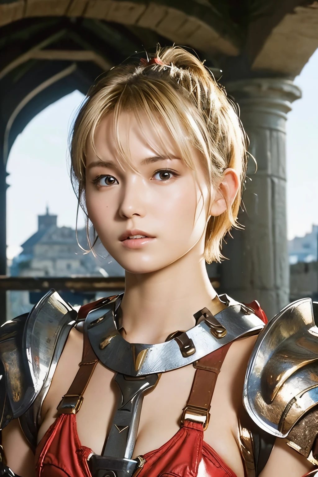 (highest quality:1.2),(perfect beautiful face 1.2),(perfect and beautiful posture:1.2),(female barbarian:1.2),blonde short cut hair,clear eyes,wearing beautiful red armor, in a fortified city