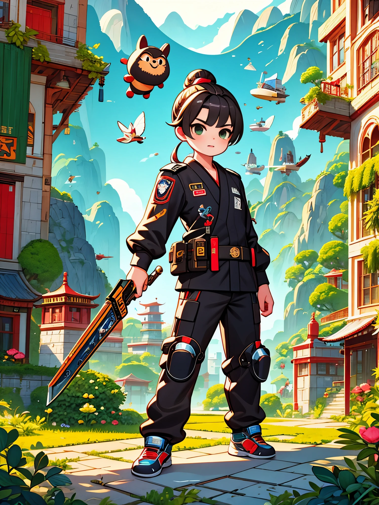 cute cartoon，Vector illustration，（A Special Agent wearing a stylish black suit:1.5），A futuristic agent equipped with exquisite weapons and equipment，The agent stood firm.，Be prepared，Showcasing a variety of high-tech equipment that is seamlessly integrated into the garments。The background should suggest a future urban landscape，Advanced technology and architecture visible。Agent&#39;s equipment includes innovative and advanced gadgets and weapons，Highlighting the advanced nature of the world they live in。The overall image should convey a sense of mystery、A sense of sophistication and cutting-edge technology，（ultra high definitiotomically correct，masterpiece，precise，best quality，8k), Vector martial arts illustration