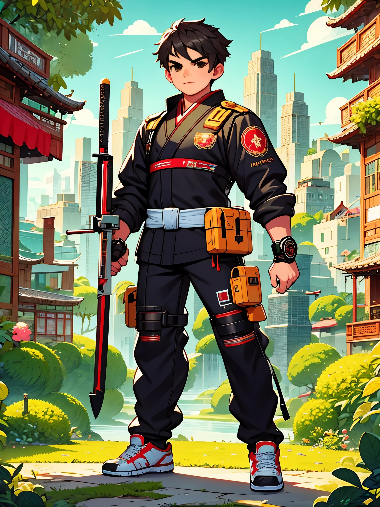 cute cartoon，Vector illustration，（A Special Agent wearing a stylish black suit:1.5），A futuristic agent equipped with exquisite weapons and equipment，The agent stood firm.，Be prepared，Showcasing a variety of high-tech equipment that is seamlessly integrated into the garments。The background should suggest a future urban landscape，Advanced technology and architecture visible。Agent&#39;s equipment includes innovative and advanced gadgets and weapons，Highlighting the advanced nature of the world they live in。The overall image should convey a sense of mystery、A sense of sophistication and cutting-edge technology，（ultra high definitiotomically correct，masterpiece，precise，best quality，8k), Vector martial arts illustration