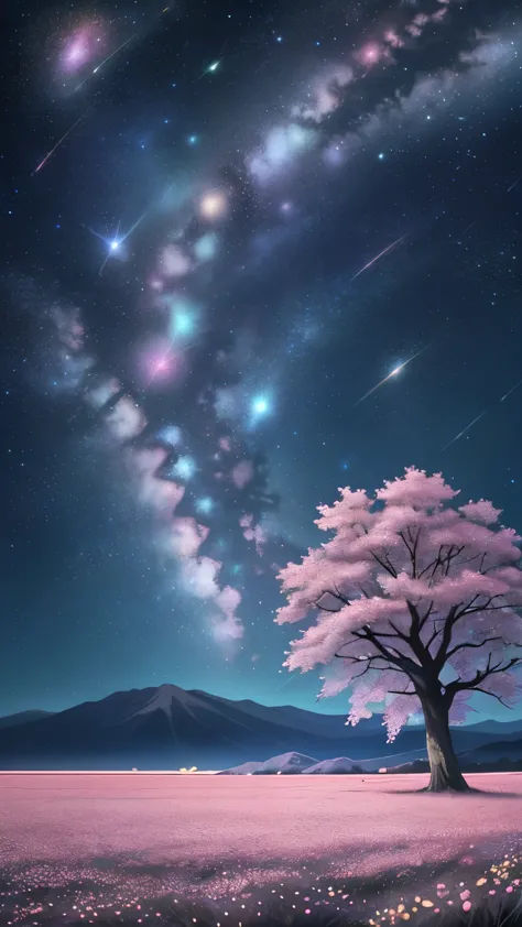 Far away view, evening time, 1 big sakura tree in middle, large field, grass, small flowers, plains, stars in sky, fireflies