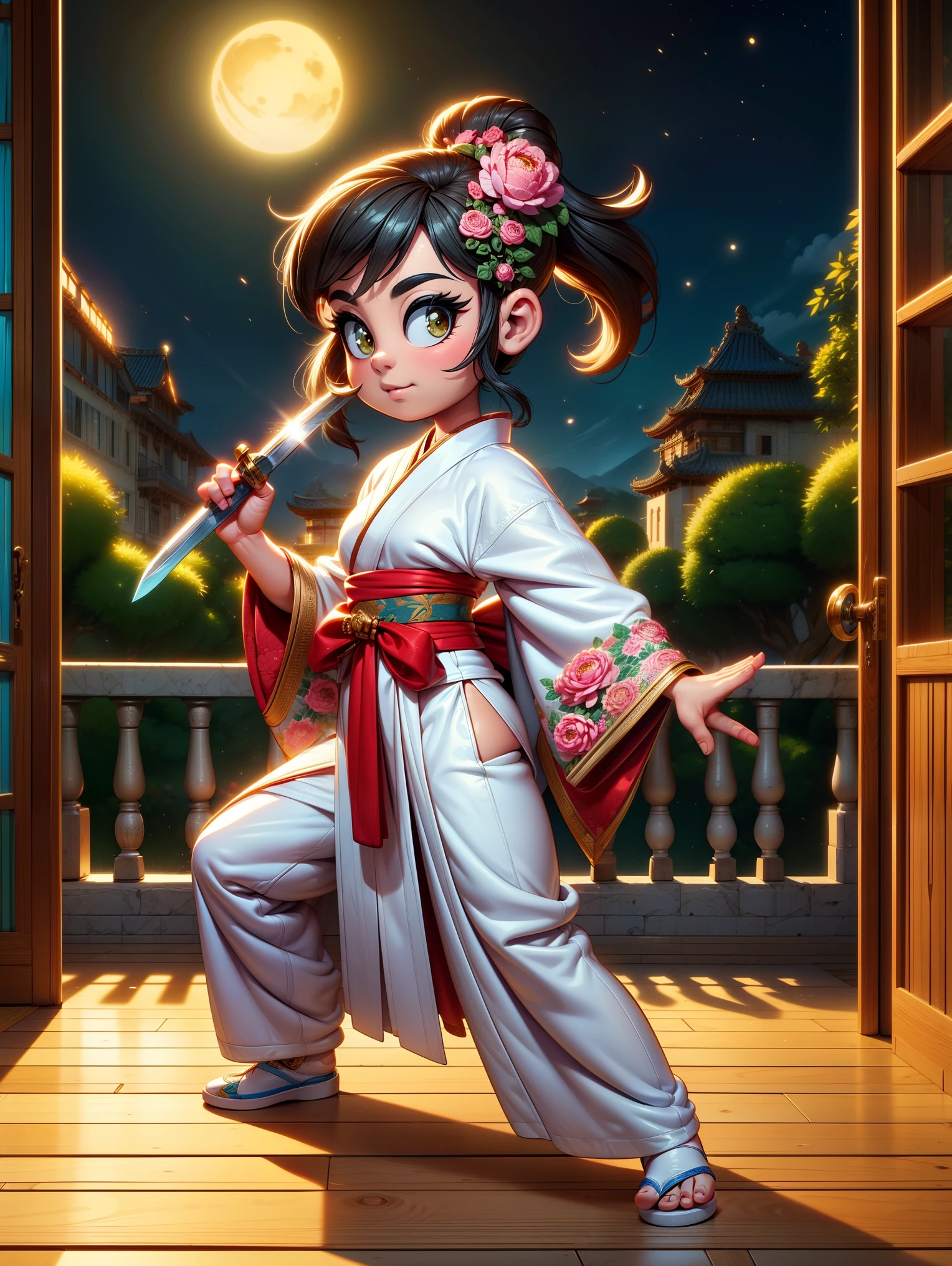 ((top quality)), ((​Masterpiece)), Detailed skin texture、Detailed fabric texture、Beautiful and delicate face、intricate details、Super detailed、CGSetsoty Trends、beautiful figure painting、Epic and beautiful character art、Stunning character art、slim、whole body、、silver hair、long ponytail、gentle expression、front view、Female swordsman under the moonlight at night、fighting stance、female swordsman holding sword、Kimono with white floral pattern、Black gold decorative hakama 3D, high dynamic range(high dynamic range),Ray tracing,subsurface scattering,PBR texture,Post-processing,Anisotropic filtering,Multi-layer textures,Albedo and highlight maps,perfect proportions,octane rendering,two-tone lighting,8K raw、clear legs、clear arms、Clear fingers，Vector martial arts illustration