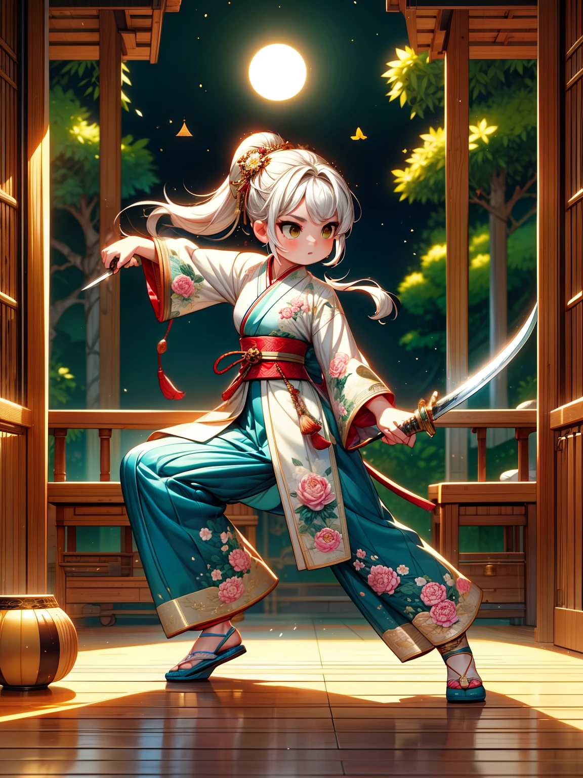 ((top quality)), ((​Masterpiece)), Detailed skin texture、Detailed fabric texture、Beautiful and delicate face、intricate details、Super detailed、CGSetsoty Trends、beautiful figure painting、Epic and beautiful character art、Stunning character art、slim、whole body、、silver hair、long ponytail、gentle expression、front view、Female swordsman under the moonlight at night、fighting stance、female swordsman holding sword、Kimono with white floral pattern、Black gold decorative hakama 3D, high dynamic range(high dynamic range),Ray tracing,subsurface scattering,PBR texture,Post-processing,Anisotropic filtering,Multi-layer textures,Albedo and highlight maps,perfect proportions,octane rendering,two-tone lighting,8K raw、clear legs、clear arms、Clear fingers，Vector martial arts illustration