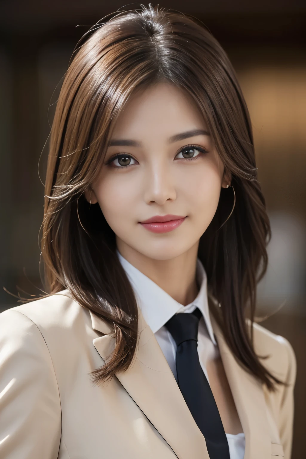 table top, highest quality, realistic, Super detailed, finely, High resolution, 8k wallpaper, 1 beautiful woman,, light brown messy hair, wearing a business suit, sharp focus, perfect dynamic composition, beautiful and detailed eyes, thin hair, Detailed realistic skin texture, smile, close-up portrait, model body shape
