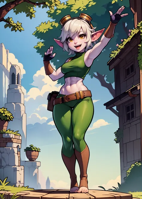 [tristana], [LOL], ((masterpiece)), ((HD)), ((high res)), ((beautiful render art)), ((solo portrait)), ((full body)), ((front view)), ((feet visible)), ((detailed shading)), {(attractive), (short), yordle, (purple skin), (elf ears), (short white hair), (cute brown eyes), (detailed iris), (short eyelashes), (curvy hips), (detailed abs), (thick thighs), (detailed legs), (beautiful legs), (beautiful feet), (cute smile), (excited expression)}, {(green sleeveless shirt), (navel), (tight green pants), (brown belt), (utility belt), (brown gauntlets), (fingerless gloves), (toeless socks), (goggles on head)}, {(standing), (waving at viewer), (looking at viewer)}, [background; (forest), (blue sky), (sun rays), (ambient lighting)]