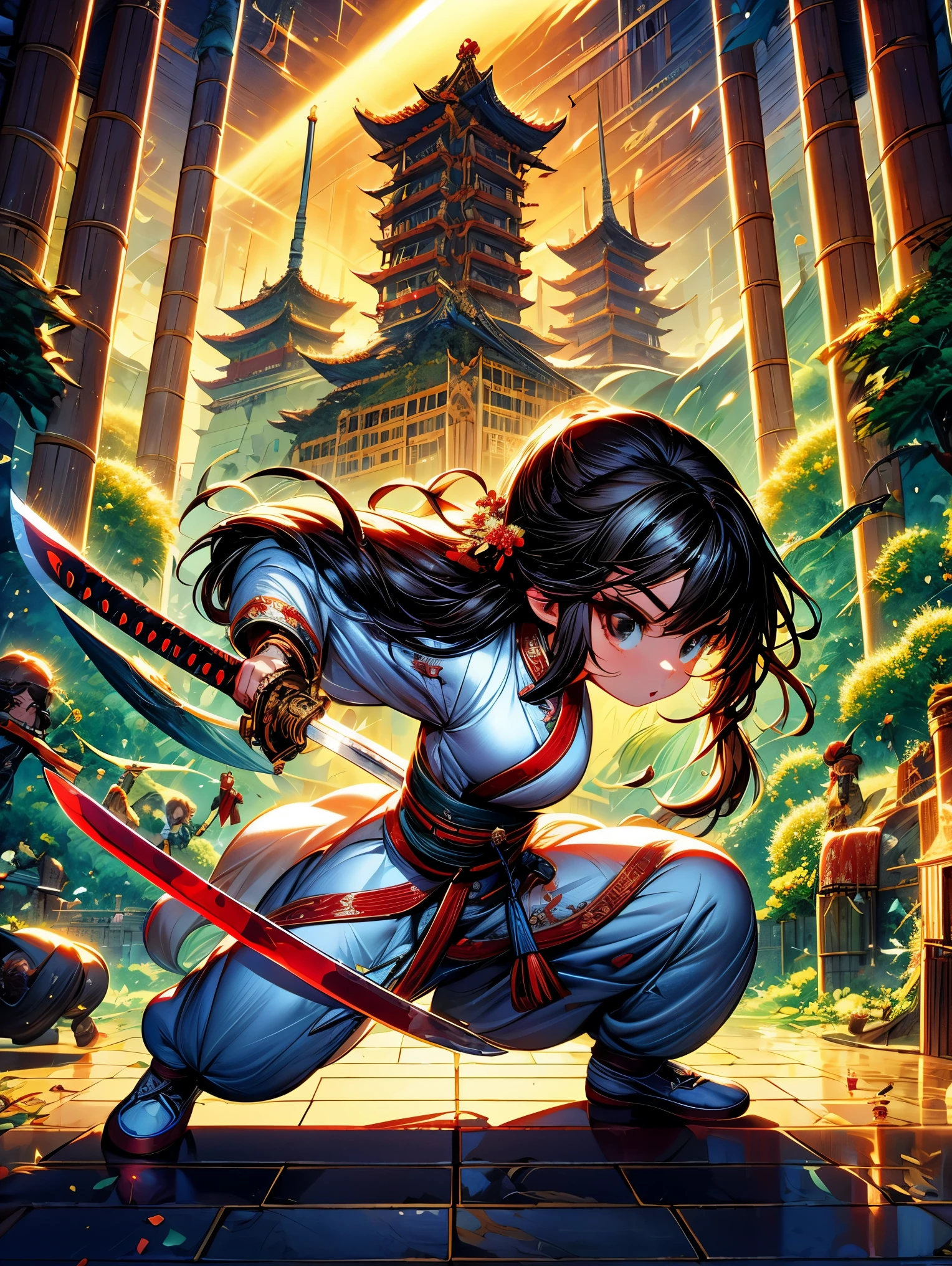 best picture quality， masterpiece， Super high resolution，poster，8k，fantasy art，dynamic lighting，art station，poster，Volumetric lighting，Very detailed faces，Award-winning，a girl holding a sword，blackhead rope，silver long hair，long flowing hair，katana sword，with a big sword，Demonic Warrior，White clothes，white tulle coat，Clothes fluttering，Slashing action，black belt，red sword energy，dynamic perspective，drama composition，Ancient Chinese battlefield background，light，Vector martial arts illustration