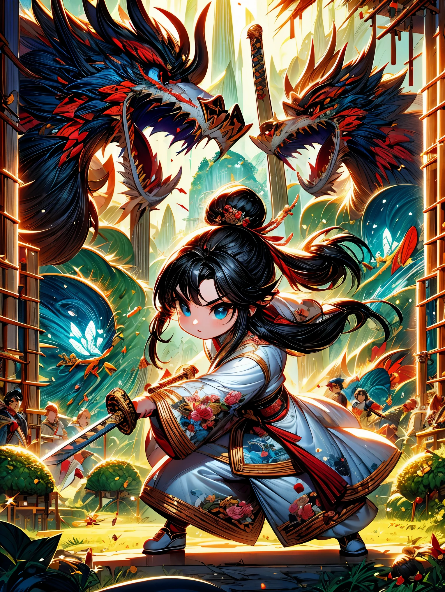 best picture quality， masterpiece， Super high resolution，poster，8k，fantasy art，dynamic lighting，art station，poster，Volumetric lighting，Very detailed faces，Award-winning，a girl holding a sword，blackhead rope，silver long hair，long flowing hair，katana sword，with a big sword，Demonic Warrior，White clothes，white tulle coat，Clothes fluttering，Slashing action，black belt，red sword energy，dynamic perspective，drama composition，Ancient Chinese battlefield background，light，Vector martial arts illustration