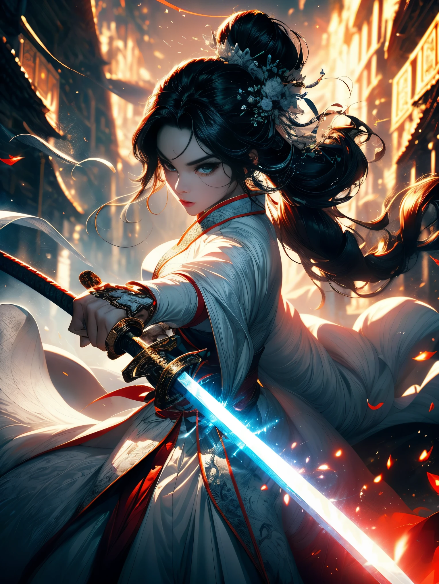 best picture quality， masterpiece， super高分辨率，poster，8k，fantasy art，dynamic lighting，art station，poster，Volumetric lighting，Very detailed faces，4k wallpaper，Award-winning，a girl holding a sword，blackhead rope，silver long hair，long flowing hair，katana sword，with a big sword，Demonic Warrior，White clothes，white tulle coat，Clothes fluttering，Slashing action，black belt，red sword energy，dynamic perspective，drama composition，（super：1.4），Ancient Chinese battlefield background，light，Vector martial arts illustration