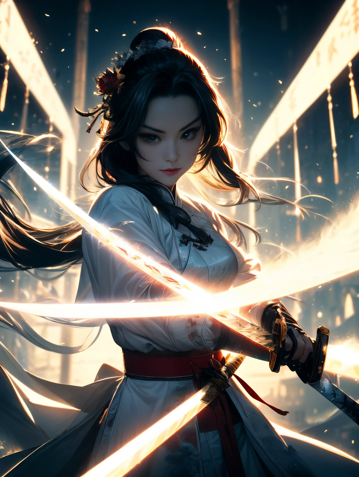 （Fidelity：1.4），best picture quality， masterpiece， super高分辨率，poster，8k，fantasy art，dynamic lighting，art station，poster，Volumetric lighting，Very detailed faces，4k wallpaper，Award-winning，a girl holding a sword，blackhead rope，silver long hair，long flowing hair，katana sword，with a big sword，Demonic Warrior，White clothes，white tulle coat，Clothes fluttering，Slashing action，black belt，red sword energy，dynamic perspective，drama composition，（super：1.4），Ancient Chinese battlefield background，light，Vector martial arts illustration