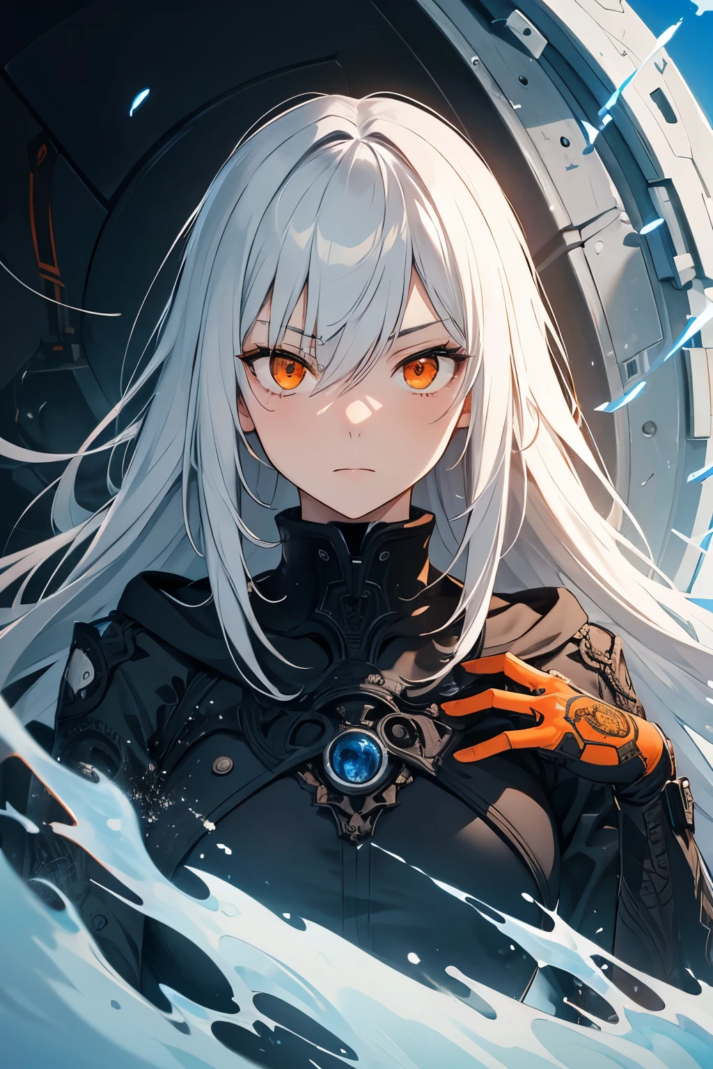 style of Tsutomu Nihei,(incredibly absurdres, (high resolution:1.18), intricate detail, (masterpiece:1.1), (highest quality:1.1), absurdres),(1girl, portrait, white hair, orange eyes, long hair, detailed eyes),
