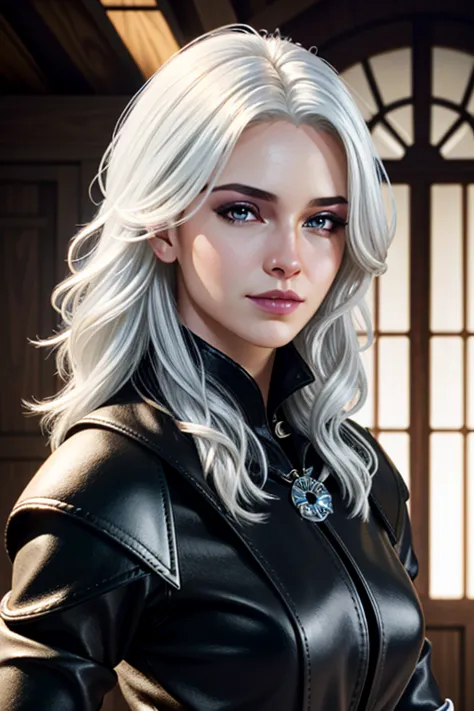 ( masterpiece, best quality, highres:1.3) witcheryennefer, 1girl, solo, white hair hair, yellow eyes, realistic, black leather a...