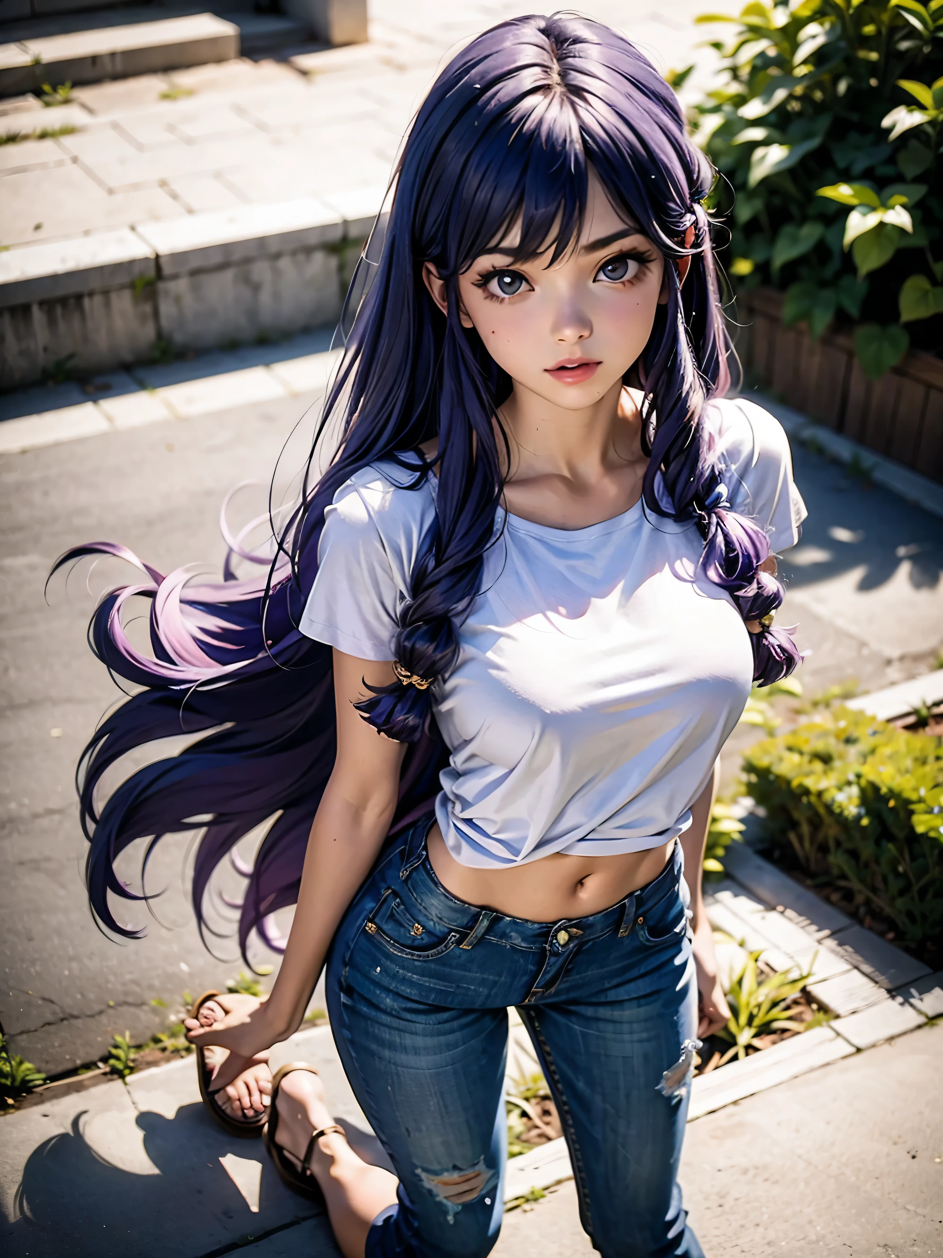 Anime cabelo purple com short jeans e blusa rosa brilhante, 16 anos, corpo bonito, seios grandes, com as hands on chest, hands on chest, Garota sexy, purple cabelo, mechas de cabelo laterais, mechas de cabelo na lateral do rosto, beautiful lighting, sombras suaves, olhos azuis, pernas bonitas, cabelo longo purple, estilo anime, personagem Shampoo Chan, Autora Rumiko Takahashi, Baseado em obra de Rumiko Takahashi, Anime Ranma 1/ 2, decote sexy, quadril robusto, corpo inteiro, corpo inteiro, busto grande, garota jovem com corpo belo e bonito, sandals on his feet, garota 16 anos jovem baixa estatura, usando short jeans e blusa rosa brilhante, garota anime, estilo anime, beautiful feet in sandals, 45° viewing angle, ao ar livre, peito grande, seios bonitos, cabelo purple