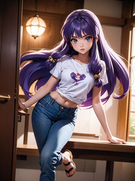 anime cabelo purple com short jeans e blusa rosa brilhante, 16 anos, corpo bonito, seios grandes, com as hands on chest, hands o...