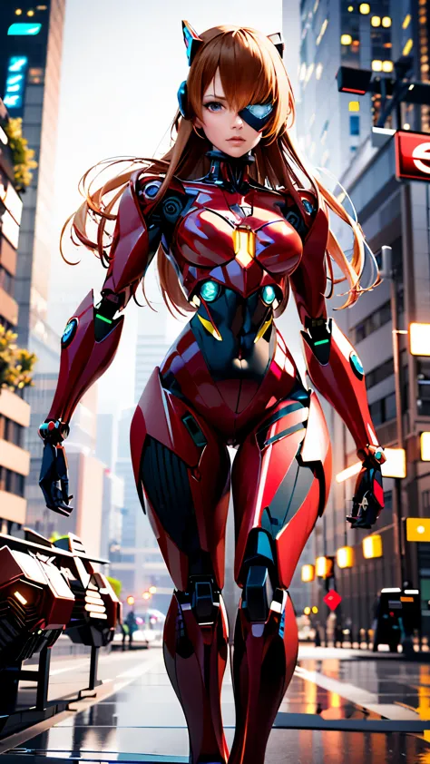 anime - style woman in a red suit walking down a city street, girl in mecha cyber armor, perfect anime cyborg woman, beautiful robot character design, 3 d render character art 8 k, beautiful alluring female cyborg, inspired by Marek Okon, perfect cyborg fe...