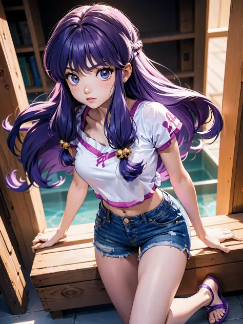 anime cabelo purple com short jeans e blusa rosa brilhante, 17 anos, corpo bonito, seios grandes, com as hands on chest, hands o...