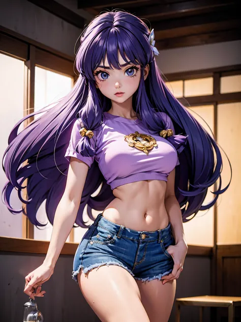 anime cabelo purple com short jeans e blusa rosa brilhante, 17 anos, corpo bonito, seios grandes, com as hands on chest, hands o...