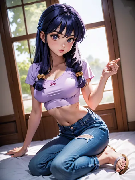 Anime cabelo purple com short jeans e blusa rosa brilhante, 17 anos, corpo bonito, seios grandes, com as hands on chest, hands o...