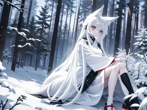 a girl, in the middle of a snowy forest with a white fox, wears a knee-length white dress and has black ears and tail like a fox...