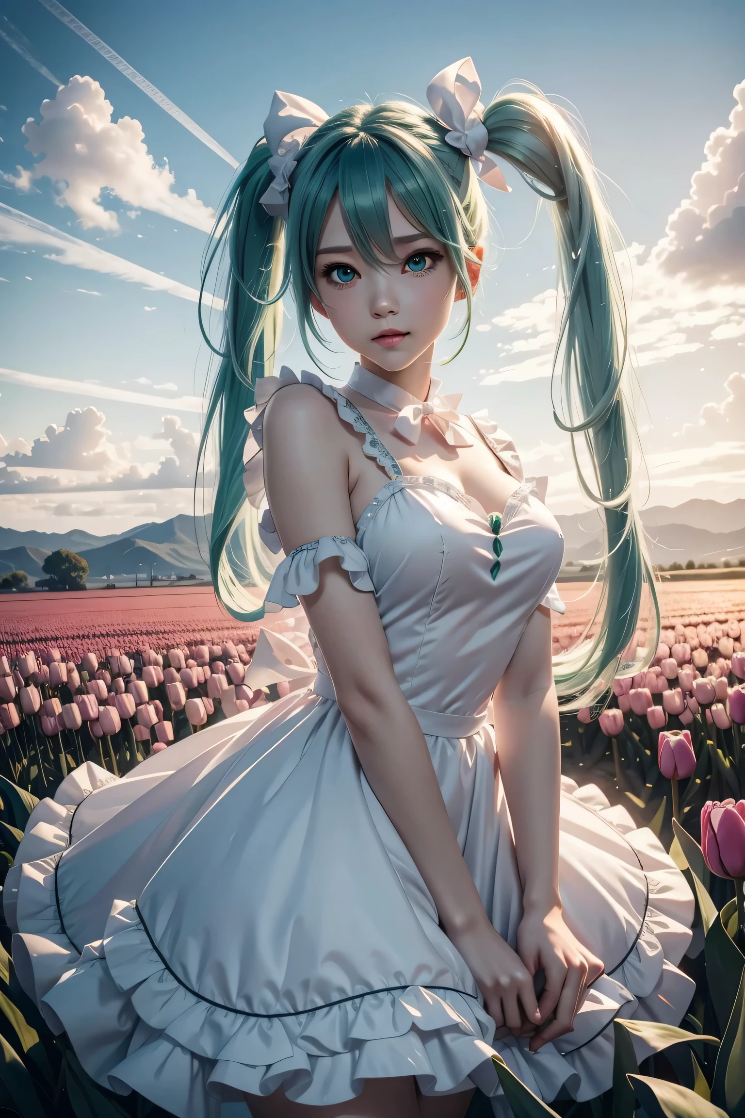 hatsune miku,twin tails,Beautiful emerald green eyes,white skin,hatsune miku costume,white ruffle dress,green ribbon around neck,super high quality,super high quality,masterpiece,digital single lens reflex,realistic,Detailed details,vivid details,depicted in detail,detailed face,Detailed details,Super detailed,realistic skin texture,based on anatomical basis,perfect anatomy,anatomically correct hand,anatomically correct fingers,Complex 3D rendering,sexy pose,beautiful tulip field,fantasy world view,fantastic sunset,fantastic sunset,beauty like a painting,Take a full body photo,nine-headed body,pink lip,Beautiful curly hair,emphasize the beautiful whole body,