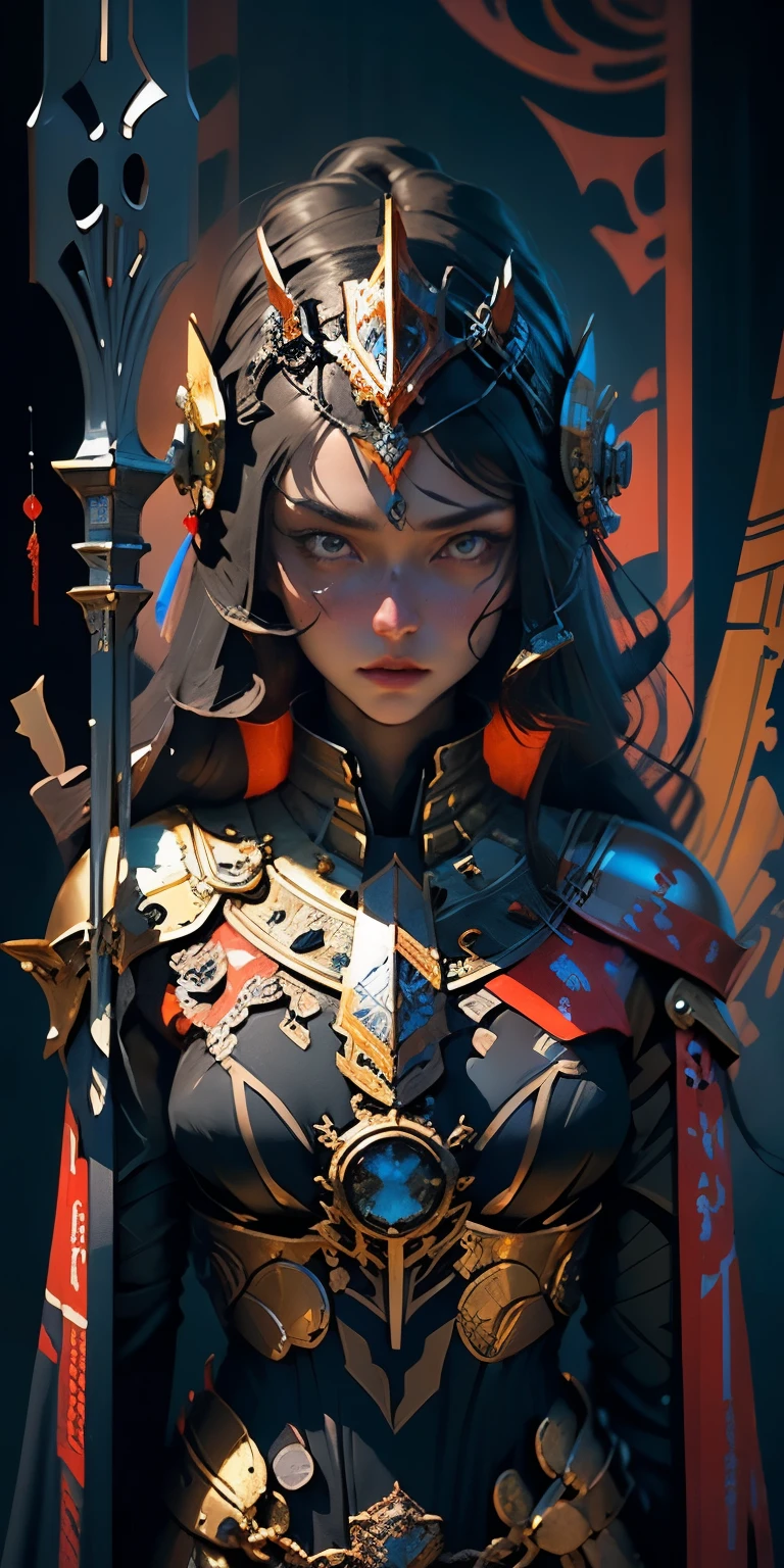 Beautiful extremely tall female pretorianesque castle guard stands watch, holding a long sharped hal blade, clad in alien mechanically complex foreign armor, helmet with long grebes of red blue and gold, armor of gold silver pearl and onyx, alien desert planet mountainous background, high elegant castle walls and gate, a guard at the gate, anger, determination, pained, stands stoically, oil painting art style, oil paint brush strokes, k resolution, hyperdetailed, classical science fiction in the style of James Chambers,