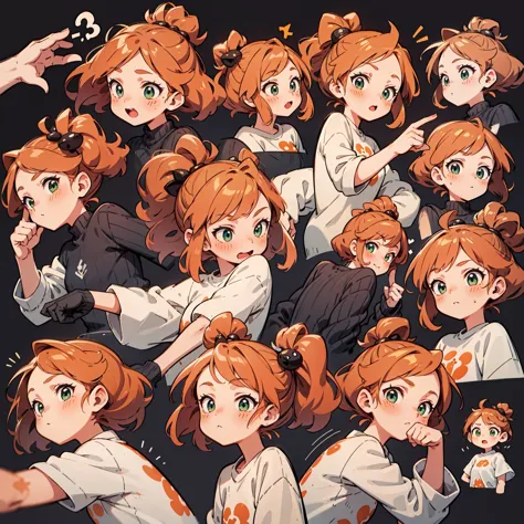 cute girl avatar pack, emoji pack, same girl, red-haired orange hair, green eyes, multiple poses and expressions, white shirt, 4...