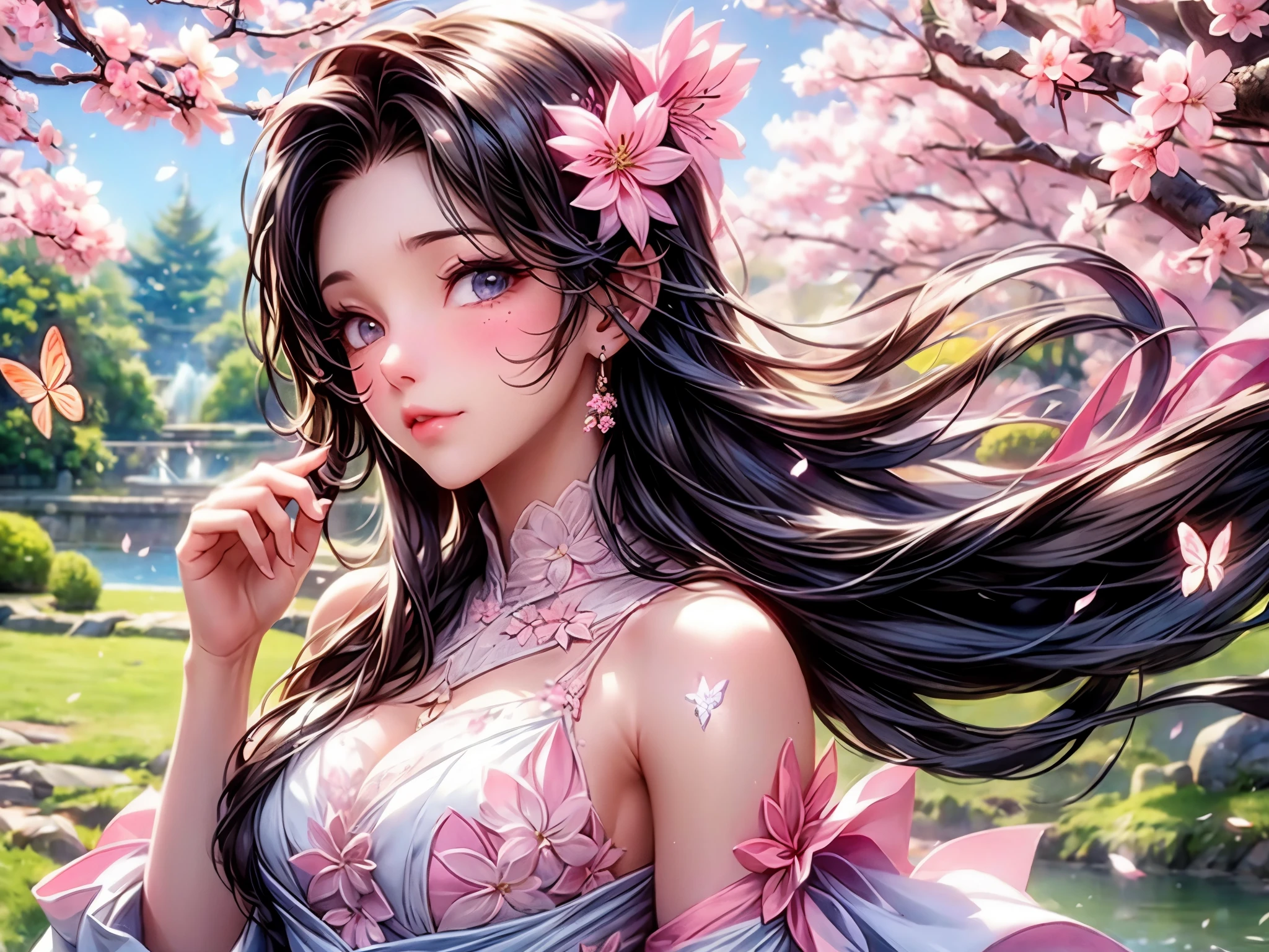 (best quality,highres,ultra-detailed,realistic)
(portraits)
(soft pastel colors)
(with soft sunlight and gentle breeze)
(sakura petals falling all around her)
(her cherry blossom hanami dress flowing in the wind)
(her eyes shining with wonder and joy)
(her cheeks blushing with the pink hues of the blossoms)
(her delicate fingers reaching out to touch the petals)
(the tree branches filled with vibrant pink and white blossoms)
(the serene beauty of the Japanese garden in the background)
(the distant sound of a traditional bamboo flute playing)
(butterflies fluttering around her)
(cherry blossom scent lingering in the air)
(a feeling of tranquility and harmony)
(a moment frozen in time, capturing the essence of spring)