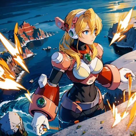 alia_megamanx, 1girl, solo, breasts, blue eyes, blonde hair, android, long hair, robot ears, overlooking the ocean on the edge of a rock, in the style of avian-themed, realistic yet stylized, villagecore, azure, orange and azure, dragoncore, aerial view