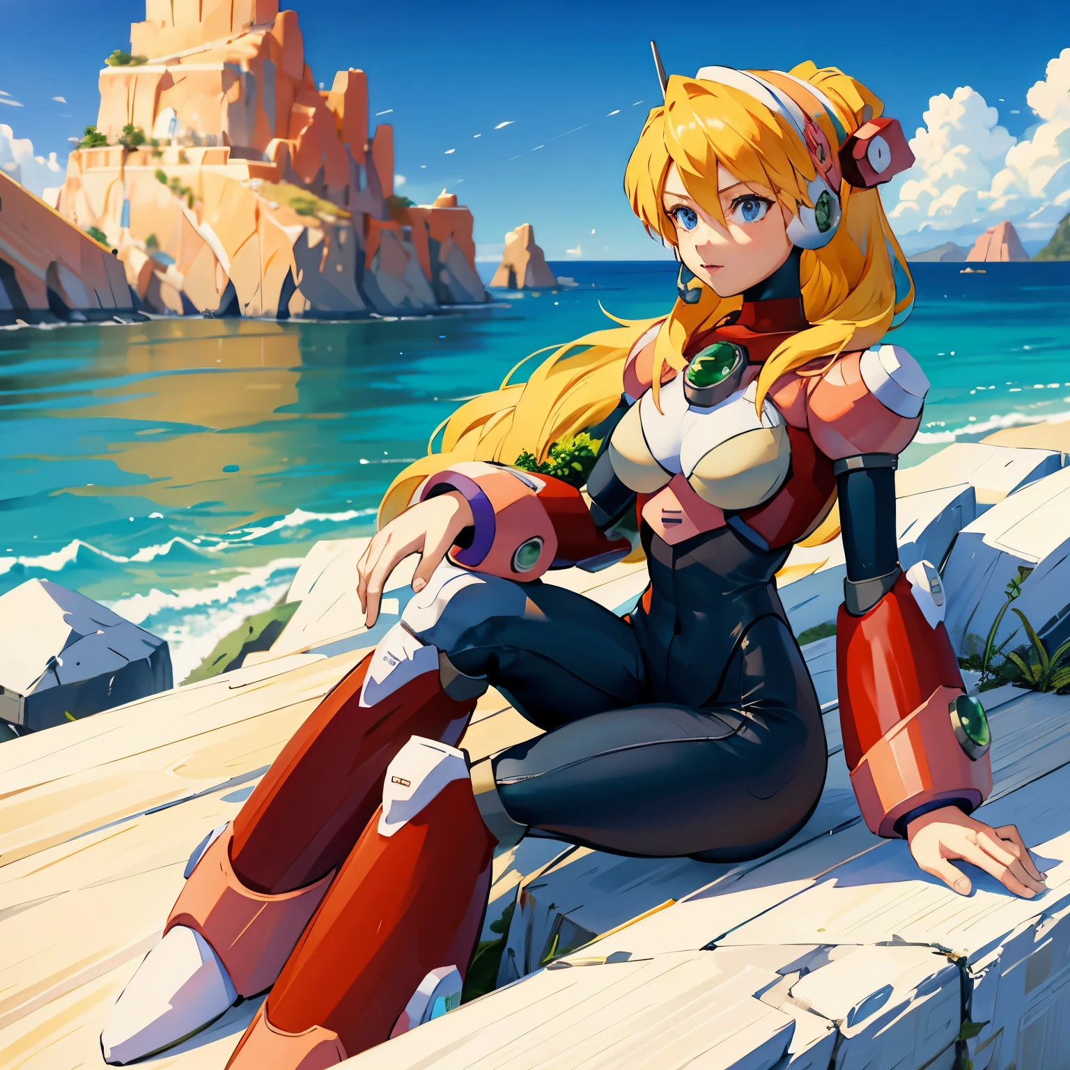 alia_megamanx, 1girl, solo, breasts, blue eyes, blonde hair, android, long hair, robot ears, overlooking the ocean on the edge of a rock, in the style of avian-themed, realistic yet stylized, villagecore, azure, orange and azure, dragoncore, aerial view